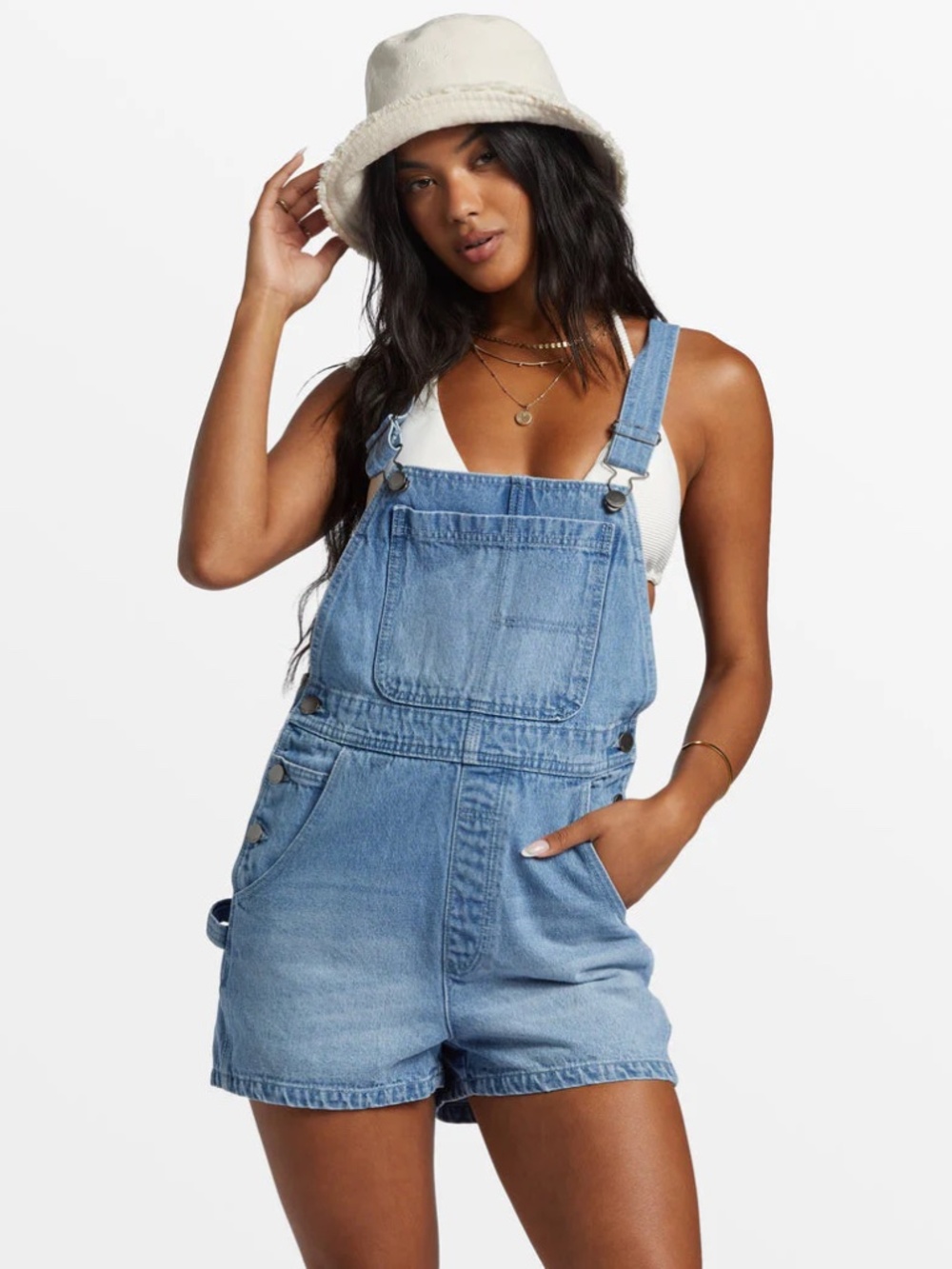 Women's Casual Denim Short Overalls in Washed Teal